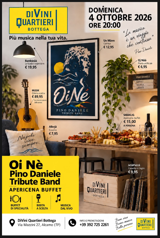 Oi Nè, Pino Daniele Tribute Band | Apericena Buffet da DiVini Quartieri Bottega